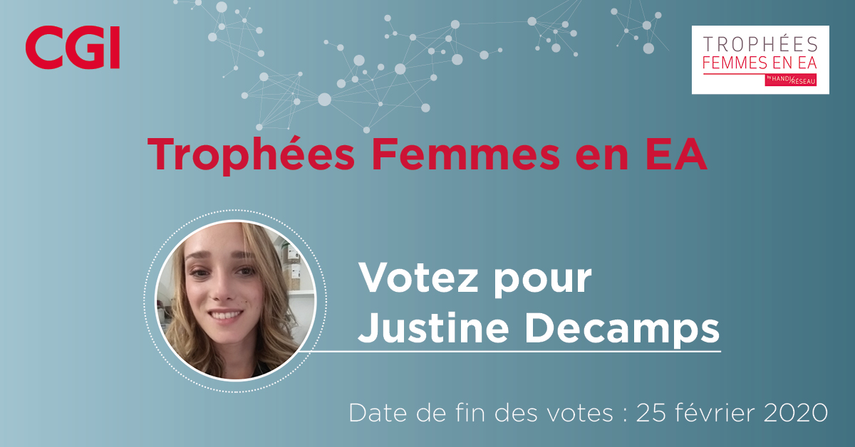 [Trophées Femmes en EA] A vous de voter 🗳️ !
👉 C'est le moment de soutenir Justine Decamps - Opératrice niveau 1 au sein d'une des deux équipes socialement innovantes que CGI a mis en place pour <a href="/EDFofficiel/">EDF</a>  
➡️ bit.ly/39xaK0S  
#FEEA cc @Handireseau
