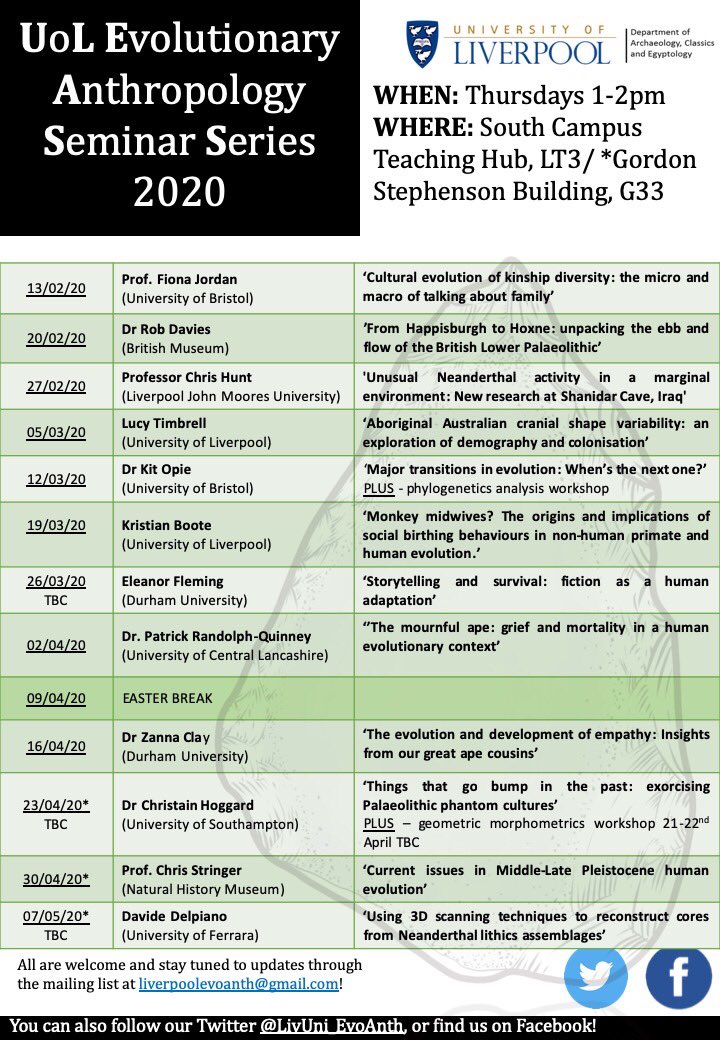 LivUni_EvoAnth's tweet photo. Our full and finalised timetable for the semester! @LivAncWorlds @SACELiverpool #MyHLC https://t.co/ZIRK08BRrp