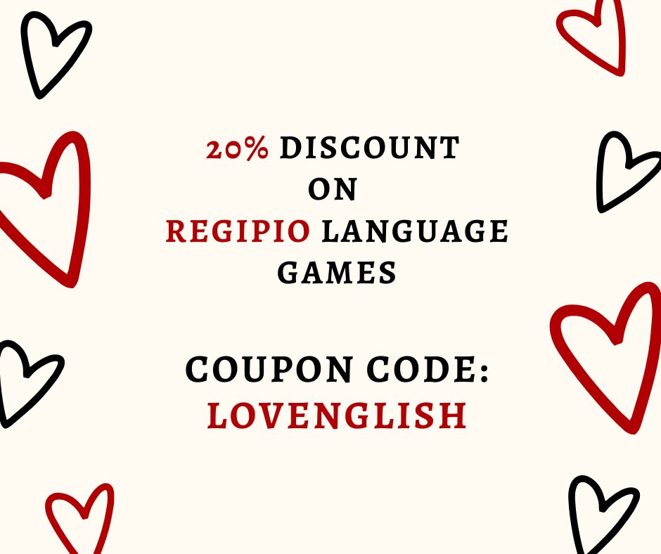 Valentines Day discount! You can buy ALL our games 20% OFF with code: LOVENGLISH
Shop: bit.ly/2tSCSwi

#Valentines #ValentinesDay2020 #REGIPIO #English #ESL #games #learning