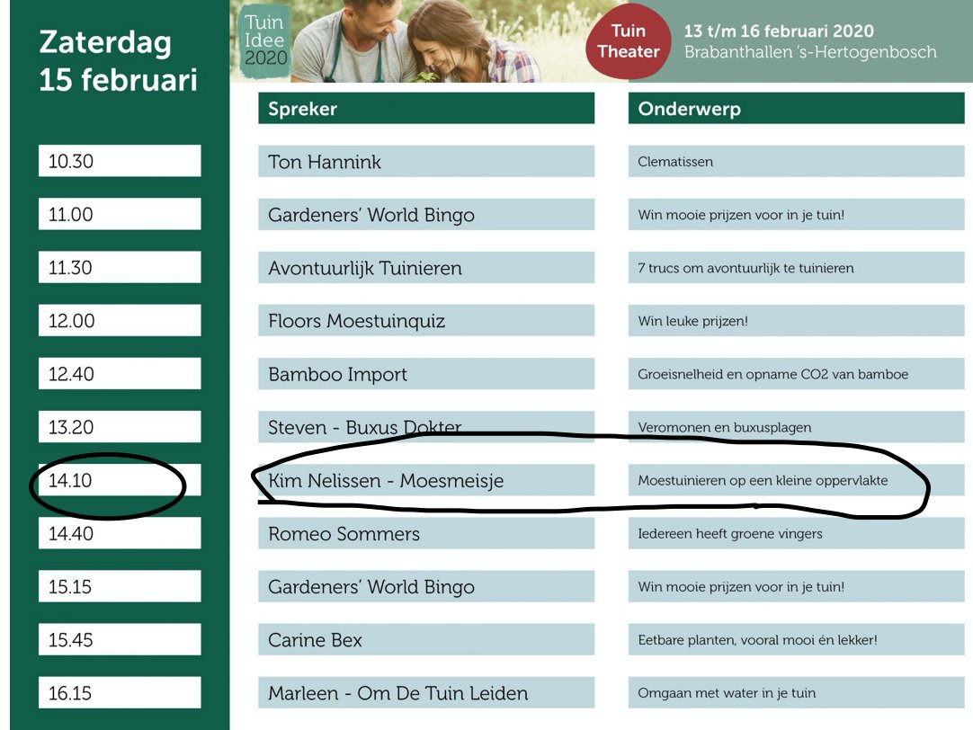 Kom jij ook gezellig naar <a href="/MijnTuinIdee/">TuinIdee</a>? Op zaterdag, morgen dus, geef ik daar om 14.10 uur een presentatie in het Tuintheater. 

Ik vertel daar hoe je kunt moestuinieren op een klein oppervlakte. 

Leuk als je langskomt!