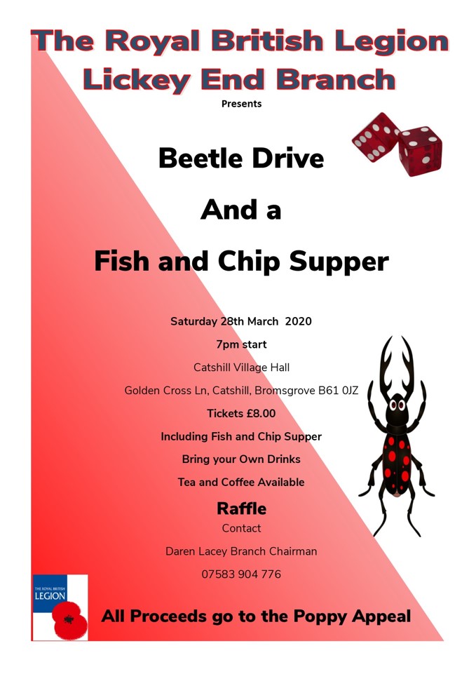 CatshillPoppyAp's tweet photo. The Lickey End Branch of The Royal British Legion are hosting a Beetle Drive at Catshill Village Hall on 28th March. There will be a fish and Chip supper suplied by Golds fish and chip shop catshill. A Raffle with some great prizes donated by local businesses. https://t.co/3Qn2Qs9Dt1