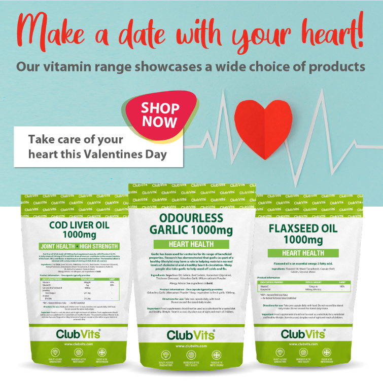 ClubVits's tweet photo. #HappyValentinesDay from Club Vits!! Make a date with your Heart this #ValentinesDay2020  with our choice of Heart Health vitamins! Everything on our website is 3 for 2 #3for2 #hearthealth #viamins #winterwellness #codliveroil #flaxseedoil #odourlessgarlic #garlic https://t.co/vSmplSsVy7