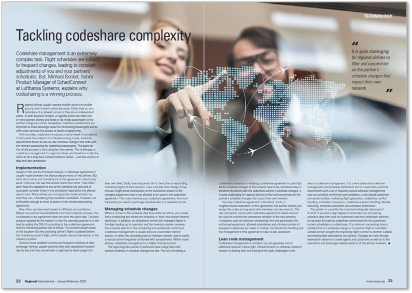 LH_Systems's tweet image. Codeshare Management is a complex task. Flight schedules change daily, leading to constant adjustments of an airline’s schedule. Our colleague Michael Becker shares his competence and explains in @eraaorg’s Regional International mag why #codesharing still is a winning process.