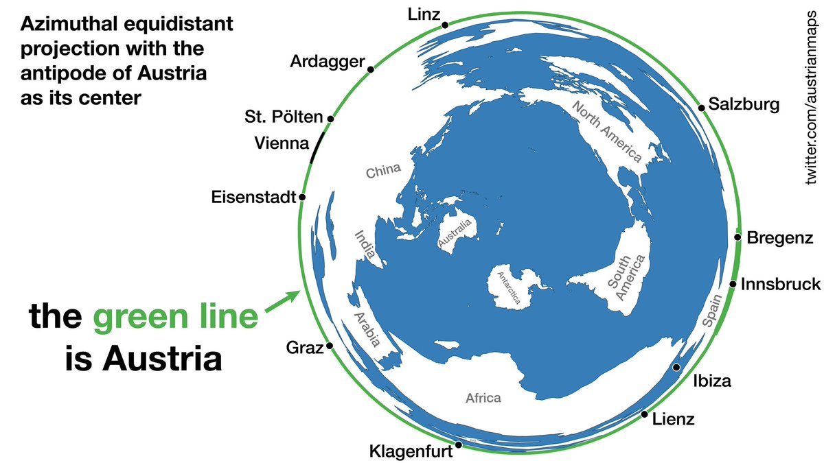 austrianmaps's tweet image. the green line is Austria (Azimuthal equidistant projection with the antipode of Austria as its center). #mapprojection