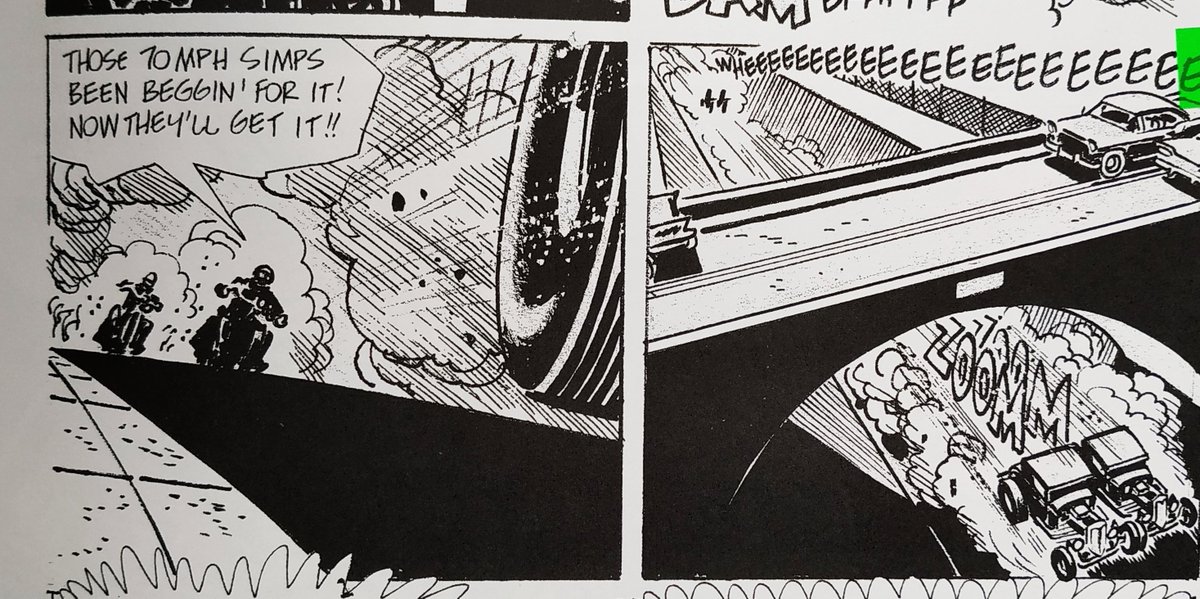 5/ En cas de scène dynamique (poursuite), variez les valeurs d’échelle entre les éléments mobiles. Les motards rapetissent entre deux cases, le pneu immense en amorce de la première se transforme en paire de voitures de taille plus petite dans le plan d’après.