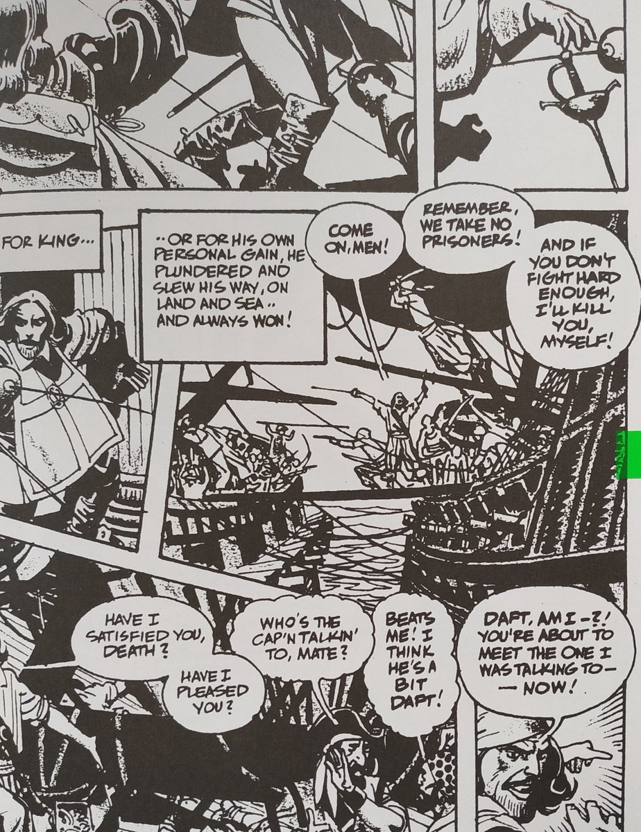 11/ Épure et sens de la composition, toujours. Observez la taille modeste de la case centrale par rapport aux autres. Pourtant il s’agit bien d’un abordage massif en bonne et due forme. La pleine page n’est pas toujours nécessaire, même pour une scène « épique ».