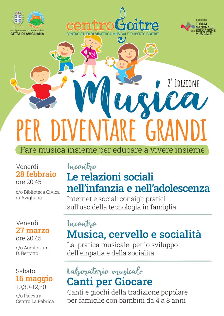 annaljsa's tweet photo. Ad Avigliana ritorna "Musica per diventare grandi" ✔️

Venerdì #28Febbraio parleremo di #FigliVirtuali e di #DigitalEducation e faremo tanta musica con i bimbi e i ragazzi del Centro Goitre 🎼

Che meraviglia!

https://t.co/tHqy1qlpaj https://t.co/y5KqcD0BMC