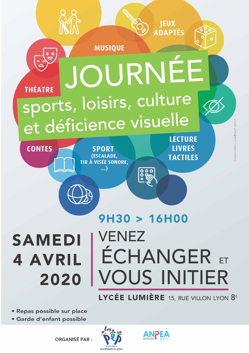 Le samedi 4 avril 2020, le réseau SARADV et l'<a href="/anpea_asso/">ANPEA</a> vous invite à une journée pour découvrir, jouer, courir, lire, danser, escalader, discuter et se rencontrer… bref, pour s’éclater quand on est déficient visuel ! Plus d'infos : urlz.fr/bQl2
