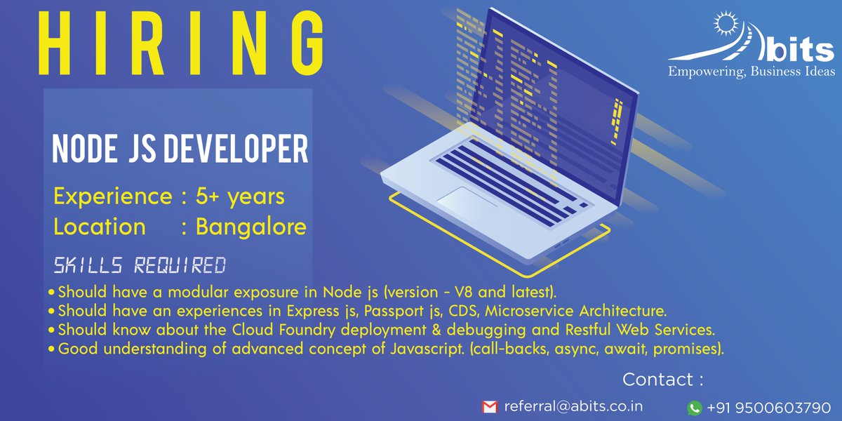 Apps_ITSolution's tweet photo. ABITS hiring for Node JS Developer!!

Experience: 5+ Years
Location: Bangalore

#bangalore #bangalorejobs #nodejsdevelopers #hiring #developer #expressjs #passportjs #CDS #microservicearchitecture #debugging #restfulwebservices https://t.co/U53Xx8WKvi