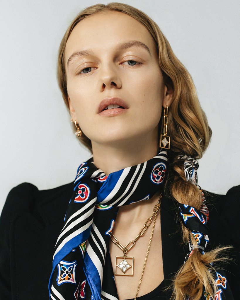 Louis Vuitton on X: The French Braid. #MarieVonBehrens pairs a matching  #LouisVuitton silk scarf and bandeau in the new ABC Monogram print.  Discover the season's playful collection of textiles at    /