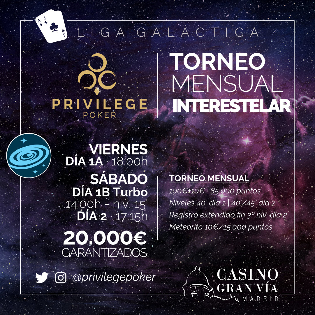 CasinoGVPoker's tweet photo. Torneos de
#PrivilegePoker para este viernes:
TORNEO MENSUAL INTERESTELAR en @CasinoGranVia
💰 20K GTD
🎟 https://t.co/l7WkJGlKoG
TORNEO EPSILON en @CasinoAranjuez
💰 3K GTD
🎟 https://t.co/YM5pl8Fvpz
#InterestelarWeek https://t.co/aGHzPPTbQQ