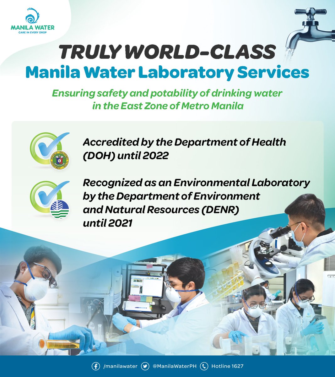 ManilaWaterPH's tweet photo. Manila Water Laboratory Services recently gained recognition for zero non-conformity as 'environmental laboratory' from the Department of Environment and Natural Resources (DENR), and renewed its accreditation from the Department of Health (DOH). https://t.co/oTYXOgsIoX