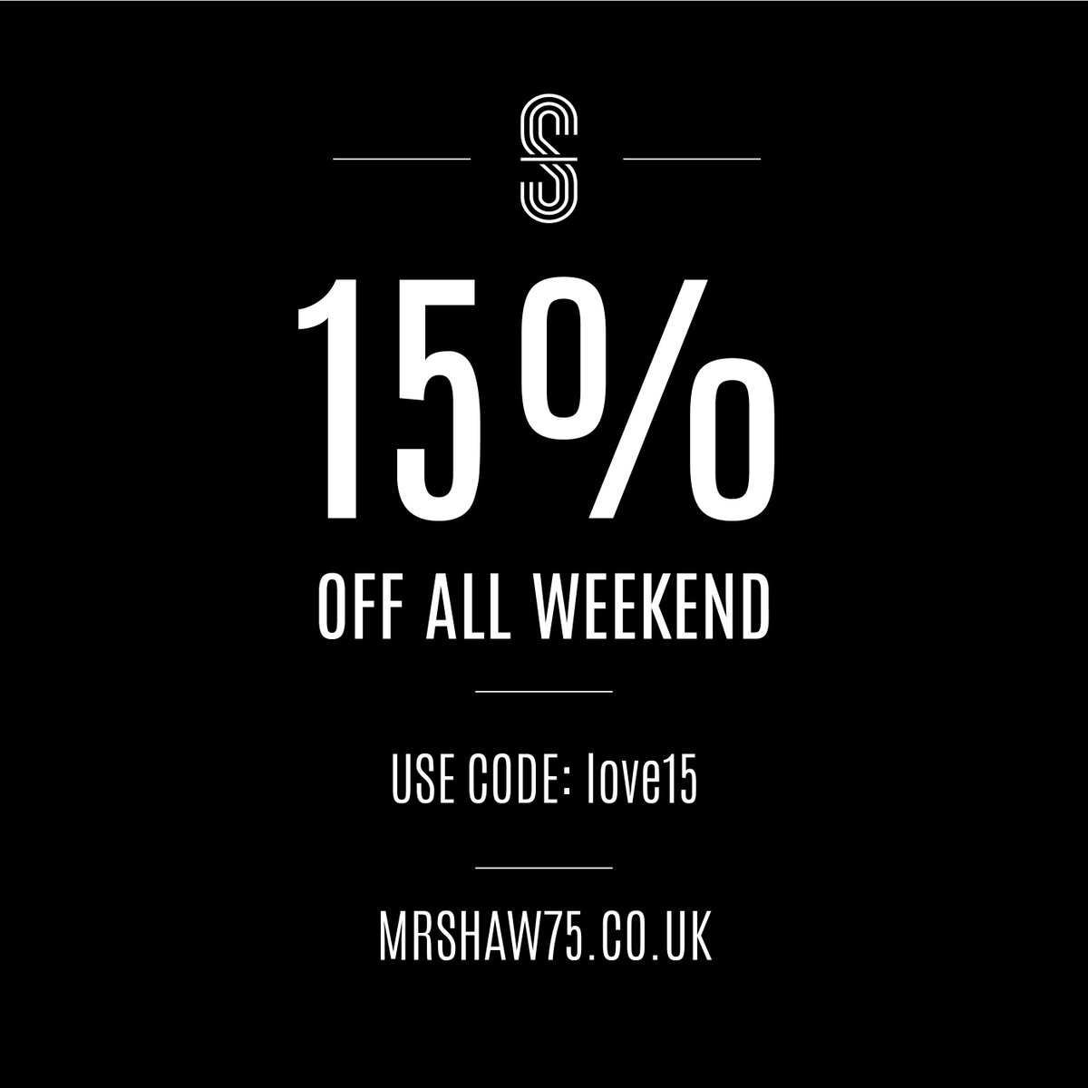 Here's a gift to you this valentines! 😁

Get 15% off this weekend only! To celebrate two new pieces dropping in our shop, go check them out!

Just use discount code: love15 

*Valid until Monday 17th*

#mensfashion #mensclothes #mrshaw #mensstyle #discount #valentines