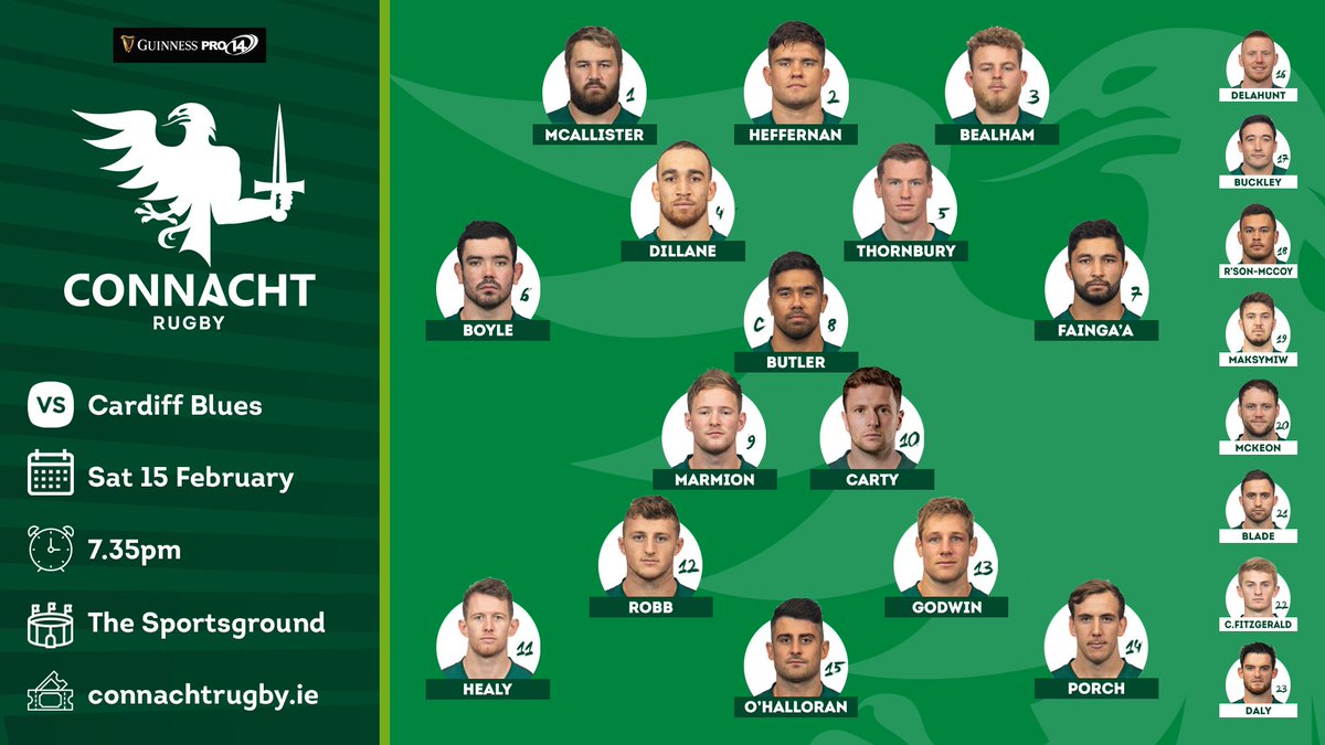 connachtrugby's tweet photo. 📢 TEAM ANNOUNCEMENT 📢
Here is the squad representing Connacht in tomorrow’s crucial #GuinnessPRO14 clash with @cardiff_blues at the Sportsground!
#CONvCAR #StrongerInGreen 🟢
🎟 https://t.co/d6sqx3JE9T https://t.co/bwcb7zeU55