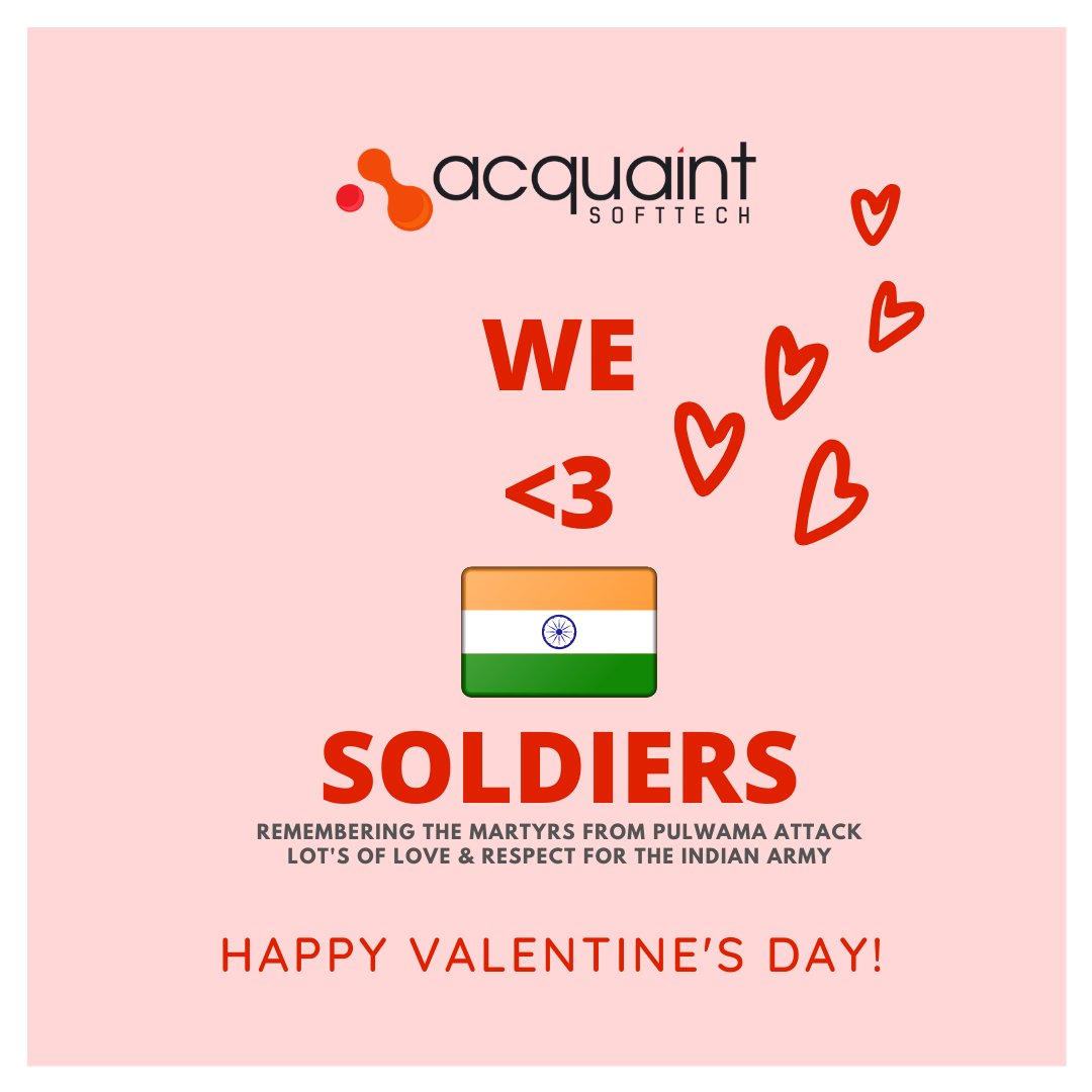 acquaintsoft's tweet photo. On #ValentineDay
Lot’s of love & #tribute to our unsung heroes, who sacrificed their lives on #PulwamaTerrorAttack. First love always towards 🇮🇳 & martyrs who sacrifice their everything...🙏
#valentinesday #IndianArmy #acquaintsoft #blackday #ARMY #PulwamaAttack #Pulwamamartyrs https://t.co/6O4itCXaBl
