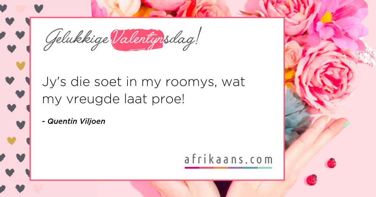 Mag die liefde vandag oraloor seëvier! Vier sommer ook jou liefde vir Afrikaans en stuur 'n Afrikaanse liefdesboodskap. Jy kry dit op Afrikaans.com! #jouafrikaanstel <a href="/maroelamedia/">Maroela Media</a> <a href="/zarsg/">RSG 100-104FM</a> <a href="/GrootFM/">GROOTfm 90.5</a> 
afrikaans.com/stuur-n-poskaa…