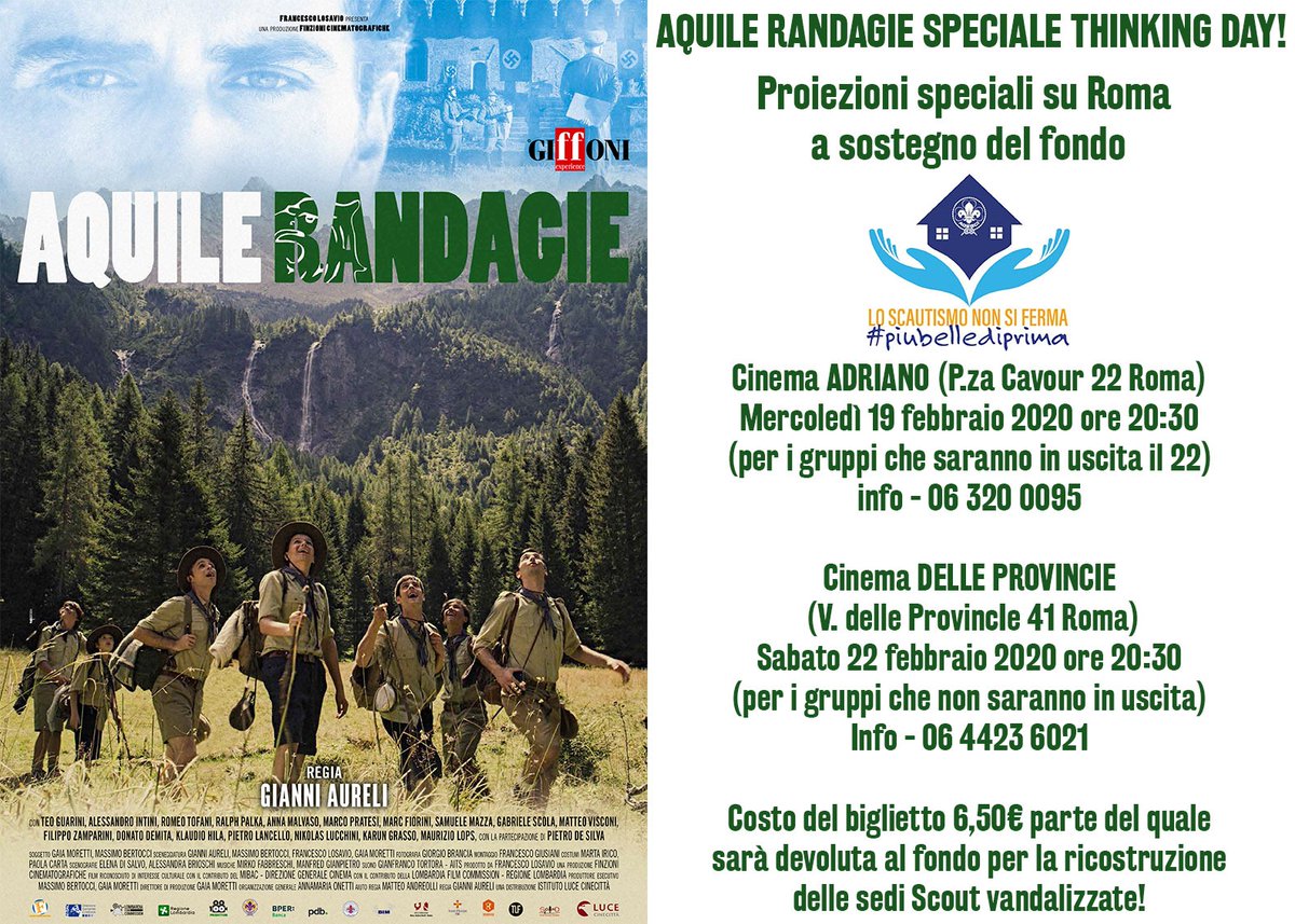 Cosa c'è di più bello che festeggiare il #ThinkingDay andando al cinema a vedere #AquileRandagie? Che parte dell'incasso delle proiezioni dal 17 al 23 febbraio sarà destinato alla sistemazione delle sedi Agesci vandalizzate #piùbellediprima #agesci #seiscout