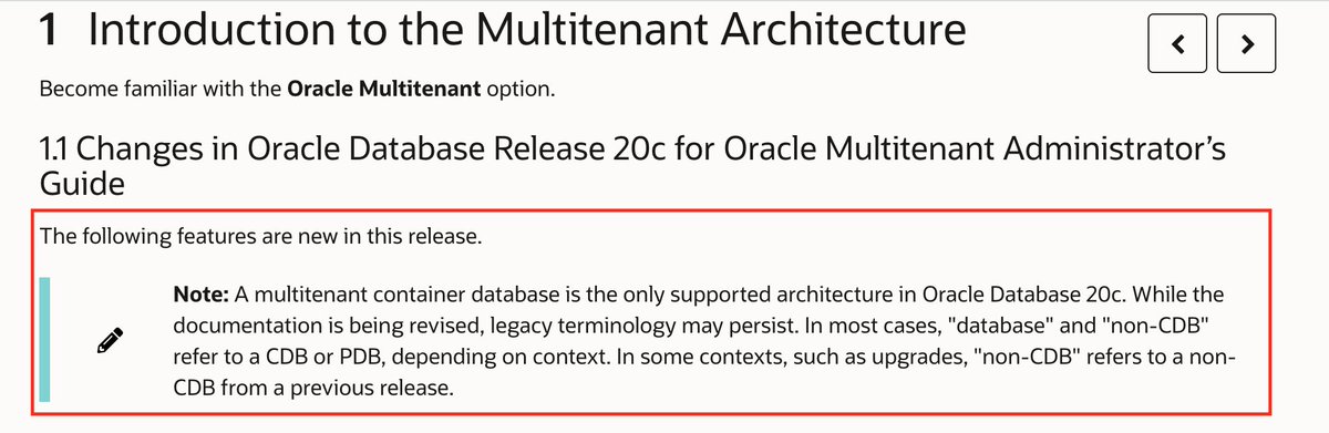 DirkNachbar's tweet image. Oracle 20c: bye bye single instance, only Multitenant with 20c docs.oracle.com/en/database/or… #oracle20c #oracle