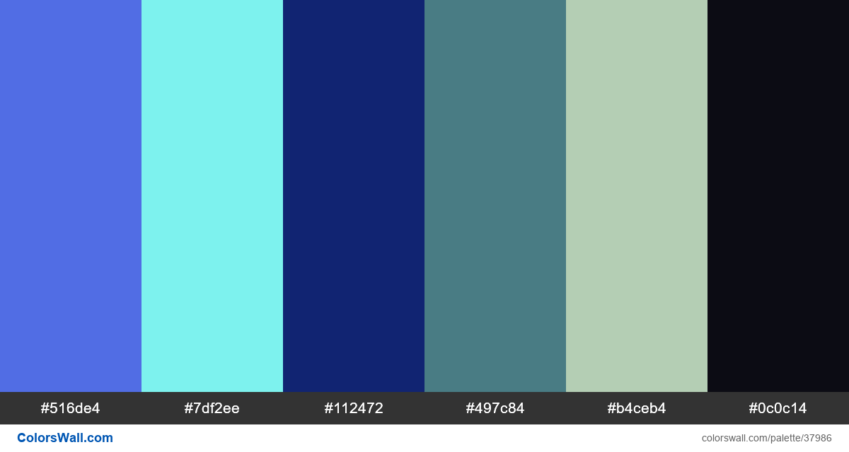 colorswall's tweet image. Job ui app design #516de4, #7df2ee, #112472, #497c84, #b4ceb4, #0c0c14 #colors #palette colorswall.com/palette/37986