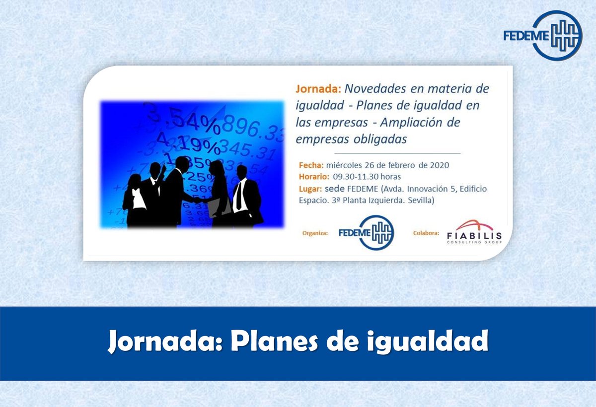 👥 NUEVA JORNADA👥

"Novedades en materia de igualdad - Planes de igualdad de las empresas - Ampliación de empresas obligadas".

👨‍🏫 Imparte: <a href="/FiabilisES/">Fiabilis Consulting Group España</a>.

🗓️ 26 de febrero.
⏰ 9:30 a 11:30.
📍 FEDEME.

🔗 Más info e inscripción: fedeme.com/evento/jornada…