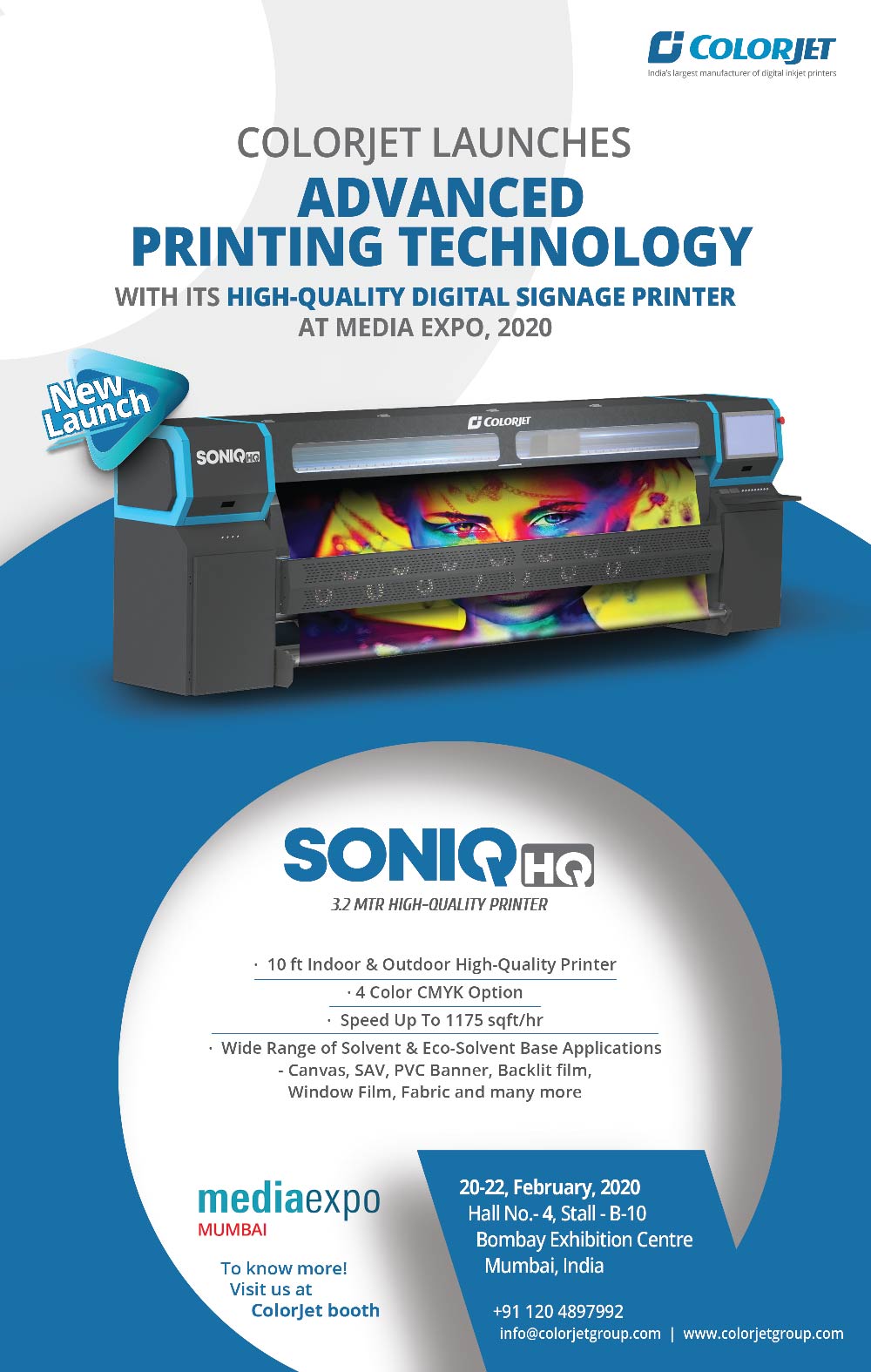 COLORJET on Twitter: "ColorJet to a breakthrough product in High-Quality digital printing with its Eco Solvent Printer- SONIQ HQ, at Media Mumbai- 2020. For Product Info visit: https://t.co/ZqUPEowNmu #