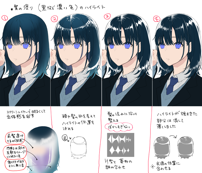 いちあっぷ By Mugenup クリエイティブ制作会社 つやつや黒髪の塗り方 暗めの髪色で描いてみよう 髪の描き方メイキング いちあっぷ T Co Byqnsksouy 絵が上手くなる記事はコレ T Co Z9ijqevga4 Twitter