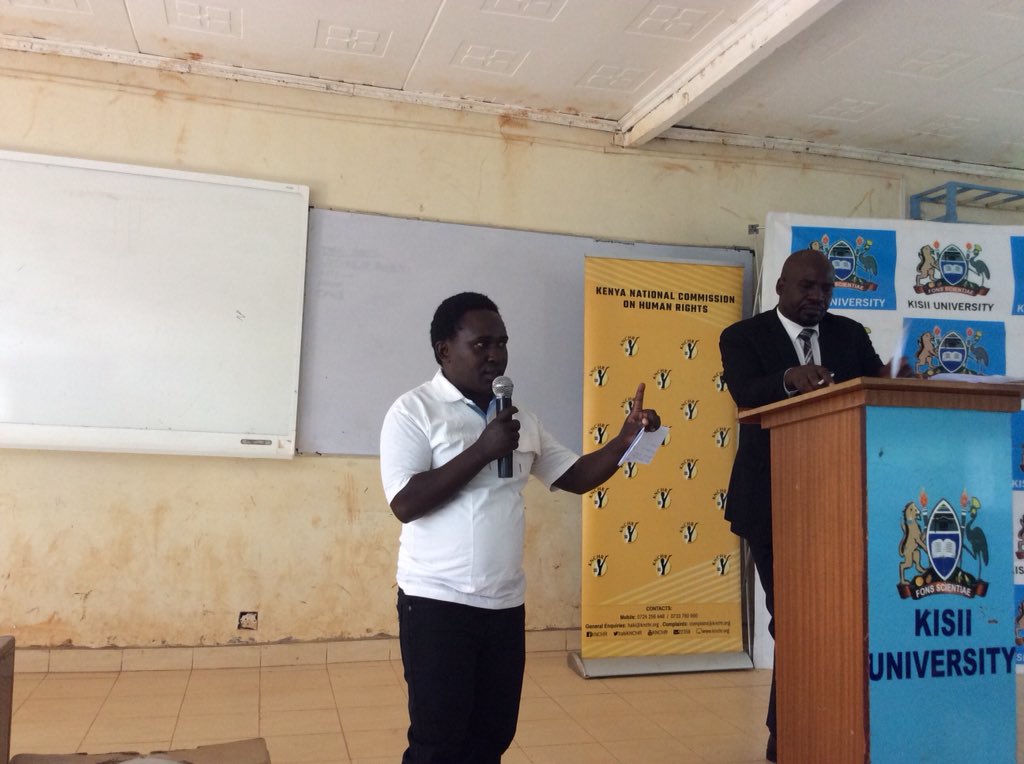 HakiKNCHR's tweet photo. The Intersex conversation continues. Kwamboka Kibagendi, an intersex person addresses Kisii University Human Rights Club members about the challenges of being an intersex person in Kenya. #HakiKwaWoteKilaWakati #YouthandHumanRights @IntersexKE @intersex_kenya @hakimorara https://t.co/I9bBDWsn1P