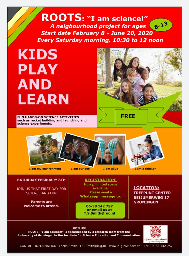 ericsphotograff's tweet image. Zaterdagmorgen weer een ROOTS: ik ben wetenschap  voor de jonge wetenschappers in spé &amp;amp; hun ouders
Spelenderwijs mogelijkheden ontdekken
ism ISEC @univgroningen
This Saturday morning again! ROOTS "I am science"
Join every Saturday @ Treftpunt center in Beijum at 10am 
#Iamscience