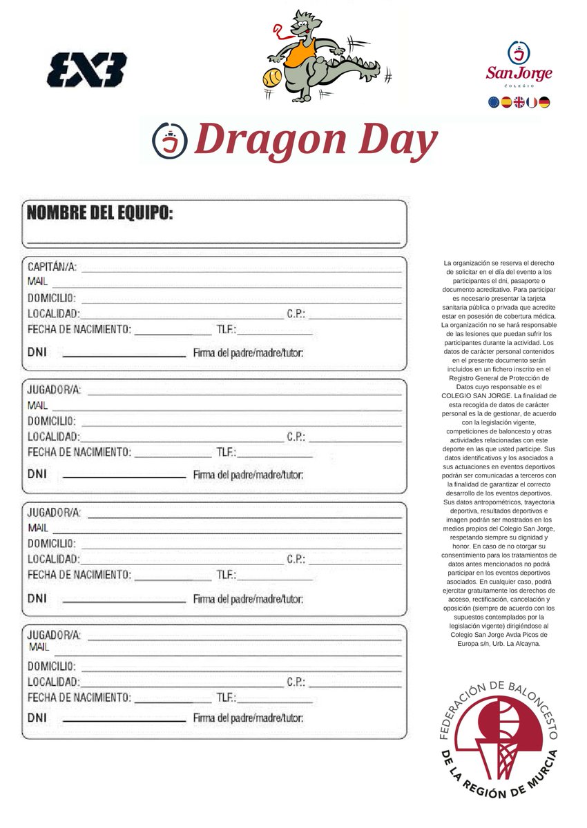El domingo 1 de marzo celebramos #IVTorneo3×3DragonBasketSanJorge. Inscripción GRATUITA hasta el 27 de febrero a las 23:59. Para ello, se deberá remitir la ficha de inscripción a josemanuelcastro@colegiosanjorge.es ¡Les esperamos! #colegioconcertado #puertasabiertas #dragonday