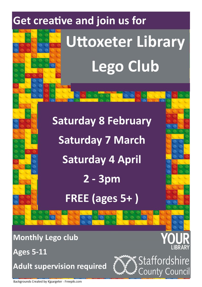 StaffsLibraries's tweet photo. Calling all Lego enthusiasts!  Get creative and join us for our FREE monthly Lego club at #UttoxeterLibrary. Ages 5+, adult supervision required https://t.co/mrfRprZpFO