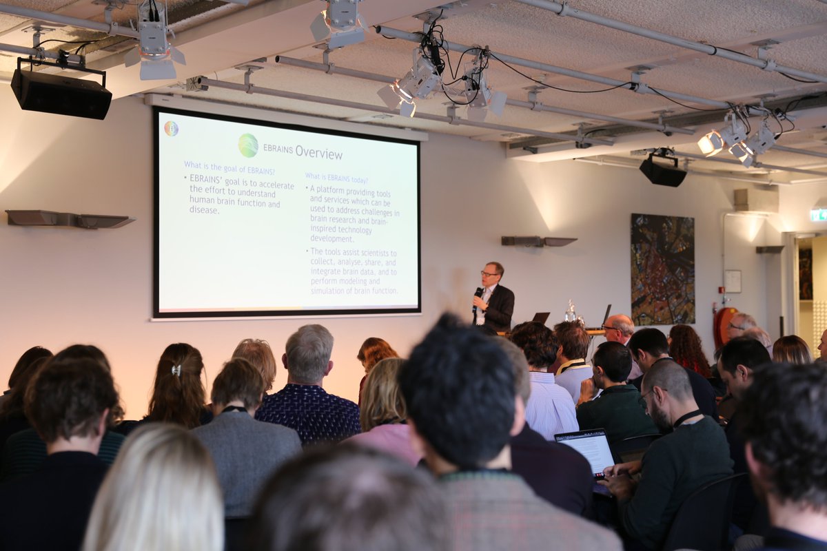 HumanBrainProj's tweet photo. Prof. Katrin Amunts introduces the HBP and new perspectives for #brainsciences, Alastair Thompson opens up the view on National Engagement & #ShapingCollaborations, and Jan Bjaalie talks about HOW & WHEN to make use of @ebrains_eu services. https://t.co/IGnQEJJgRn