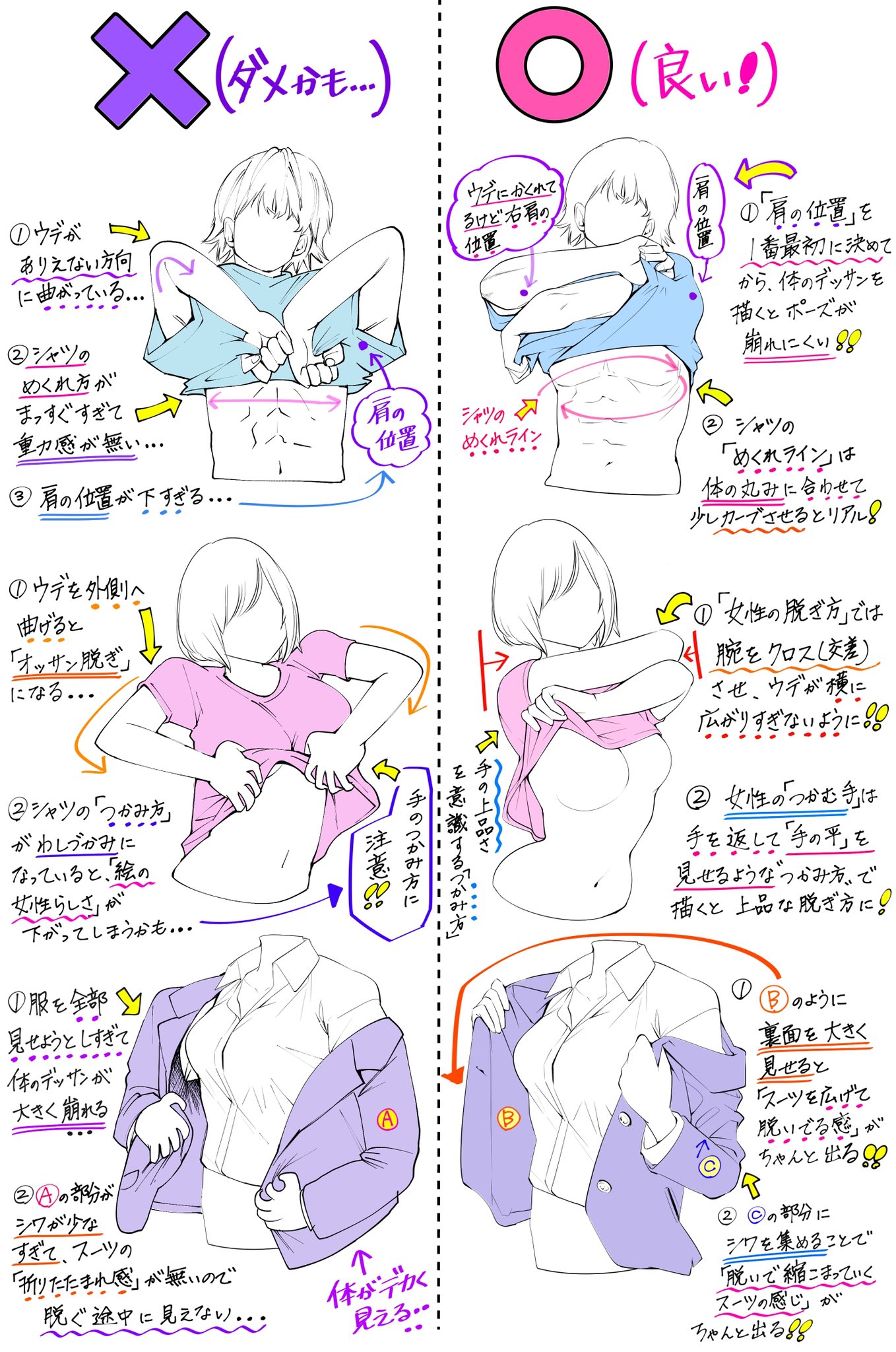 吉村拓也 イラスト講座 服を脱ぐポーズの描き方 脱ぐ腕の角度と服シワ が上達する ダメかも と 良いかも T Co 4nlaibsejd Twitter