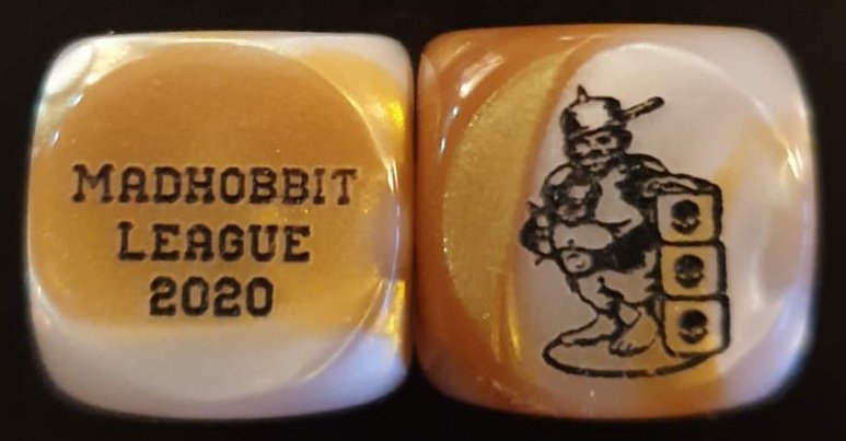 Saki proudly presents the new Madhobbit League 2020 dice. A present for his team members. Win a tournament @ Amersfoort and you might be lucky enough tot get your hands on these! #bloodbowl #dice #amersfoort #bloodbowlcapitaloftheworld