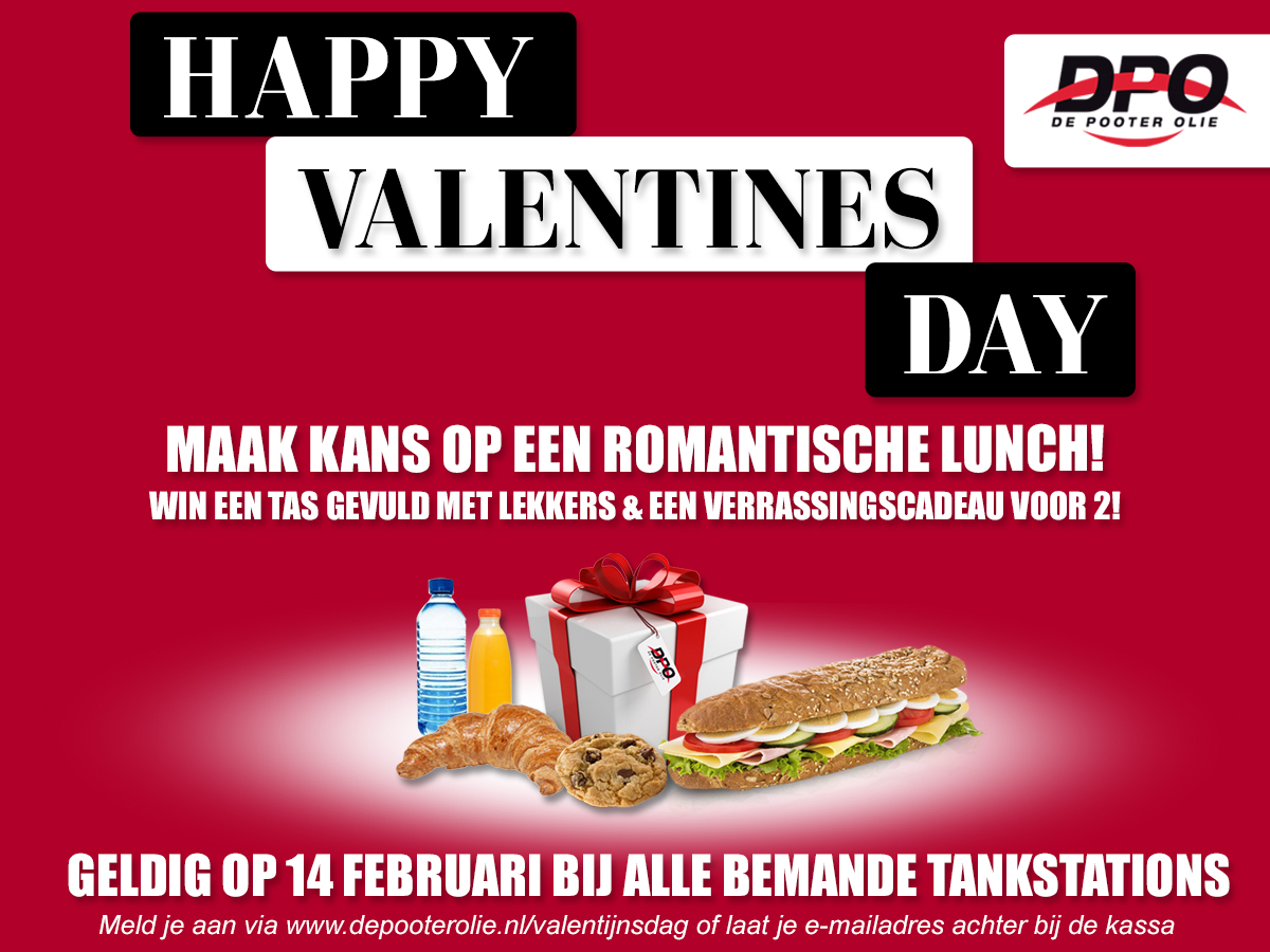 Wil jij kans maken op een romantische lunch voor twee personen + verrassingscadeau? Laat dan je e-mailadres achter bij een van onze bemande tankstations of via depooterolie.nl/valentijnsdag

Uiterlijk vrijdag 21 februari worden de winnaars bekend gemaakt. Wil jij winnen? Doe snel mee!