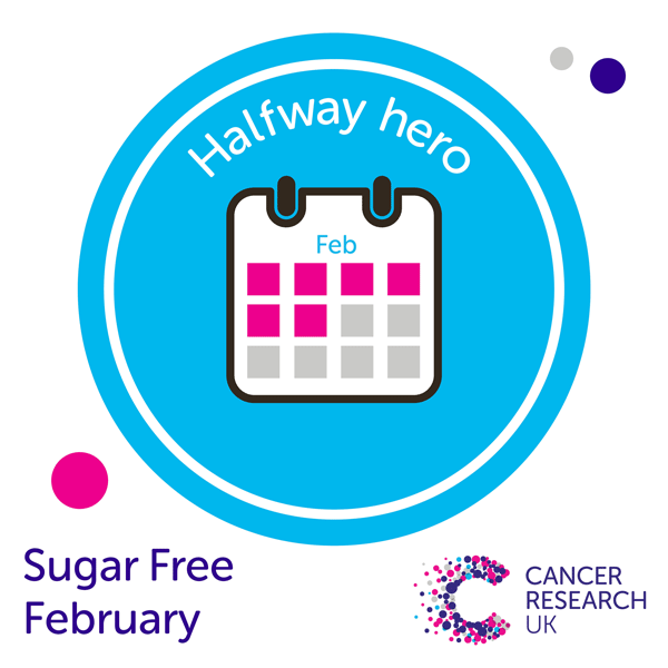 CR_UK's tweet photo. Well done, #SugarFreeFeb heroes – you’re halfway there! Share your badge to let your followers know you’re ditching added sugar for a month to help fund our life-saving research! ❌🍬 https://t.co/5mqlfwaW6I