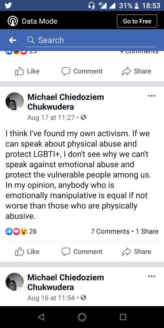63.The next day August 17, one  @ChukwuderaEdozi met her after seeing Anita's suicide tweet and said he has found his calling of being an activists for those who were emotionally abused.He went further to chat me and my ex up and attempted to blackmail me on Facebook.