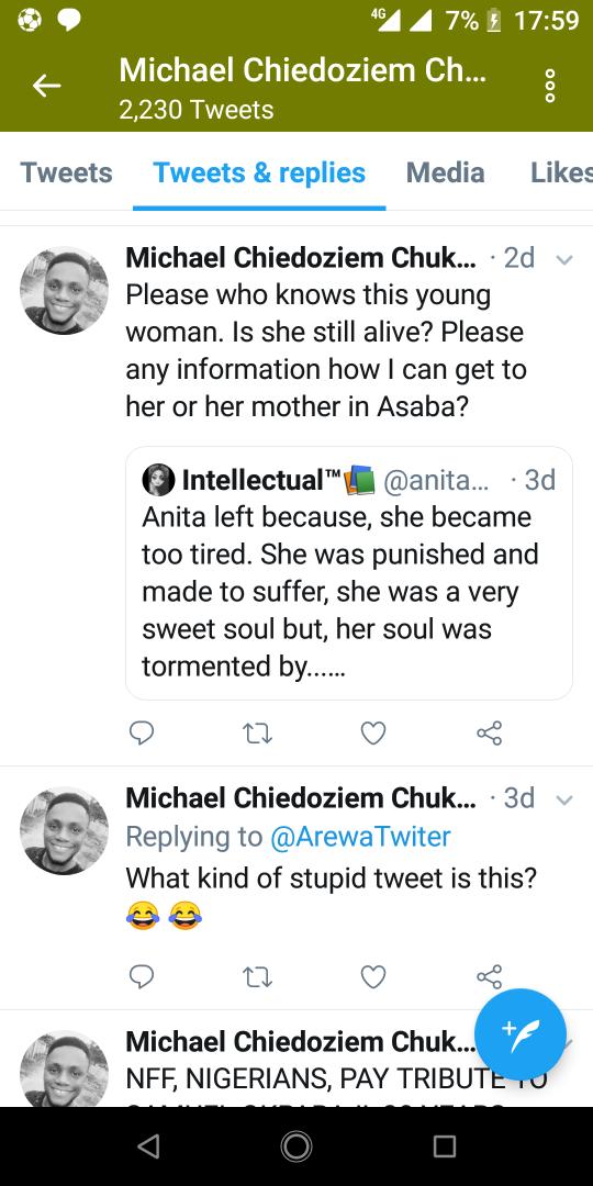 63.The next day August 17, one  @ChukwuderaEdozi met her after seeing Anita's suicide tweet and said he has found his calling of being an activists for those who were emotionally abused.He went further to chat me and my ex up and attempted to blackmail me on Facebook.
