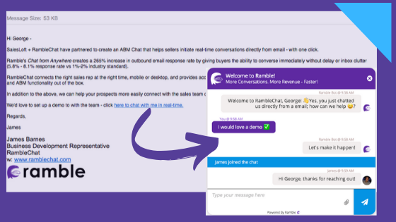 RambleChat's tweet image. Ramble's "Chat from Anywhere" increases outbound email response rate 265% by giving buyers the option to connect with a sales rep in real-time. Less friction, no back and forth inbox clutter, and more deals ✅.
