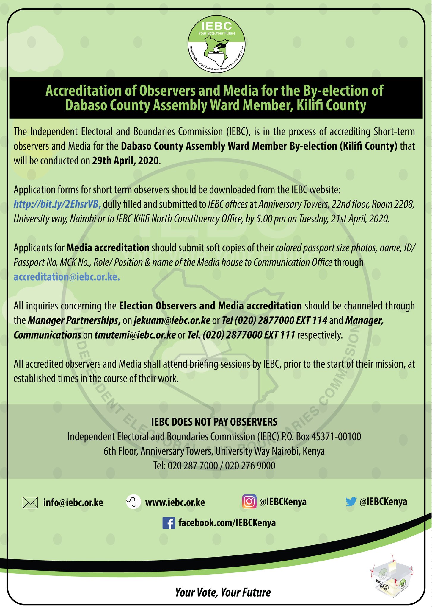 Iebc On Twitter Accreditation Of Observers And Media For The By Election Of Dabaso County Assembly Ward Member Kilifi County Talkwithiebc Byelections2020 Downloads 1 Observers Application Form Https T Co 6b8gacfynw 2 Advert Https T Co