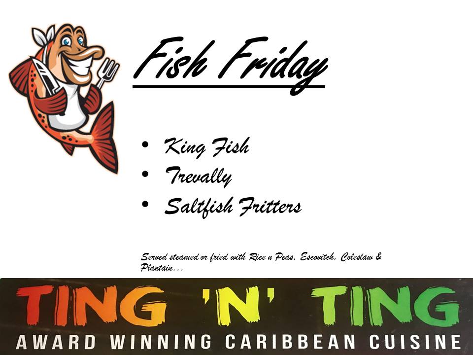 It's Friday which can only mean Fish.....on the menu today we are offering Kingsfish Steak, Trevally and our signature Saltfish Fritters!  

Come get it before it's gone...

#tingnting #mertonabbeymills #sw19 #fishfriday #weekendting #caribbeanfoodlondon #atasteofthecaribbean