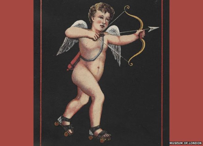 Happy Valentine's Day, Skaters!! 💘 This Victorian era Valentine's card refers to Cupid wearing 'the nimble wheel' going 'a-RINKING'.