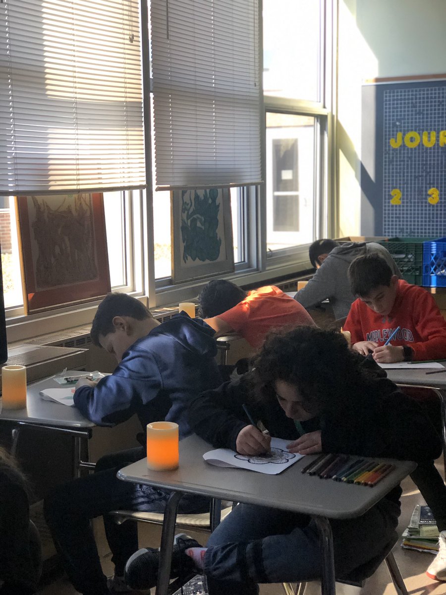 Wrapping up our Buddhism unit by practicing some self-love. 7T is meditating with Mandalas made by the MMS peer leaders. 💕