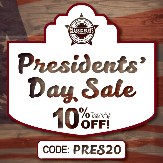 Classic_Parts's tweet image. Take advantage of some savings during our Presidents' Day Sale!  Take 10% off orders over $100 with code PRES20.  Hurry, this sale ends February 17th, 2020 at midnight!
#partsale #chevytruck #truckparts

classicparts.com