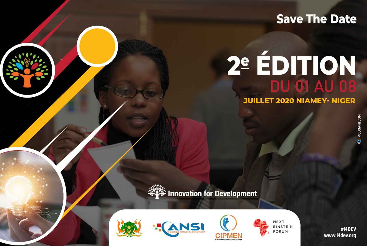 i4dev2020's tweet image. La 2e édition de #I4Dev en Juillet 2020 sera riche en activités : expositions, conférences et panels, ateliers, compétitions, ... pour un développement durable, #SaveTheDates

@AnsiNiger @Cipmen @NextEinsteinFor @Sahelinnov 

#NigerRising
#I4Dev2020
#Digital4Dev