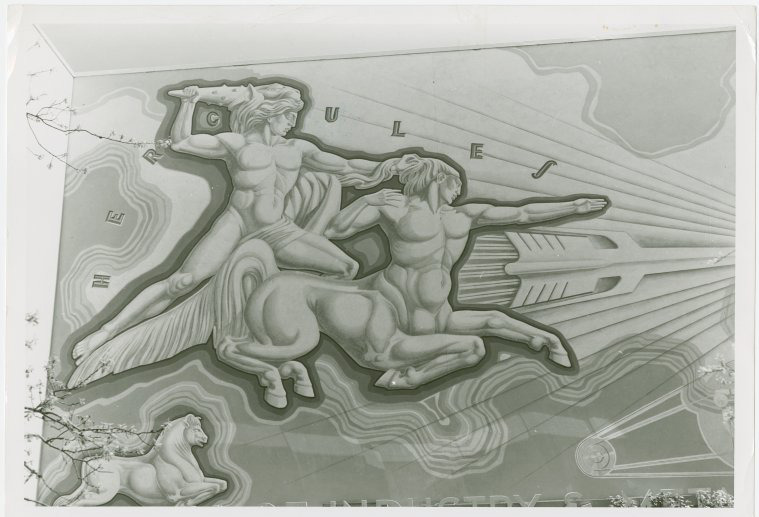 artdecoarch's tweet photo. Murals by Andrew Durenceau, Metals Building, New York World’s Fair - A few of the monumental murals at the Metals Building. The photo with the two people posed in front is “Strength and Power.” Source: NY Public Library. https://t.co/YqhKQrbjpa #nywf #artdeco #1930s https://t.co/IpmEmVWIQf