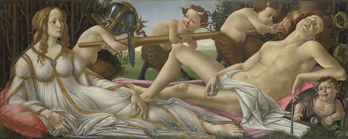 NationalGallery's tweet photo. Botticelli paints Venus, Goddess of Love, with her lover, Mars, God of War. Mars is sleeping the 'little death' which comes after making love, and not even a trumpet in his ear will wake him. In contrast, Venus is awake and alert showing that love conquers war. #ValentinesDay https://t.co/I8qi0jSTcD