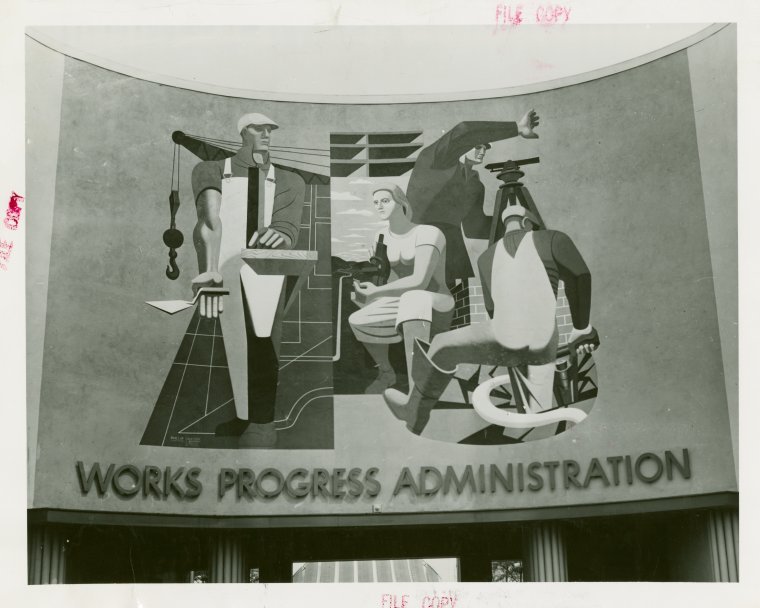 artdecoarch's tweet photo. WPA Building, New York World’s Fair 1939 - Fantastic mural, “Maintaining America’s Skills” by Philip Guston. It looks to me like they’ve included a woman in this engineering tableau, but I could be wrong. Source: NY Public Library. https://t.co/bFcZxoxQ0L #artdeco #1930s https://t.co/1PfnTQyOg9