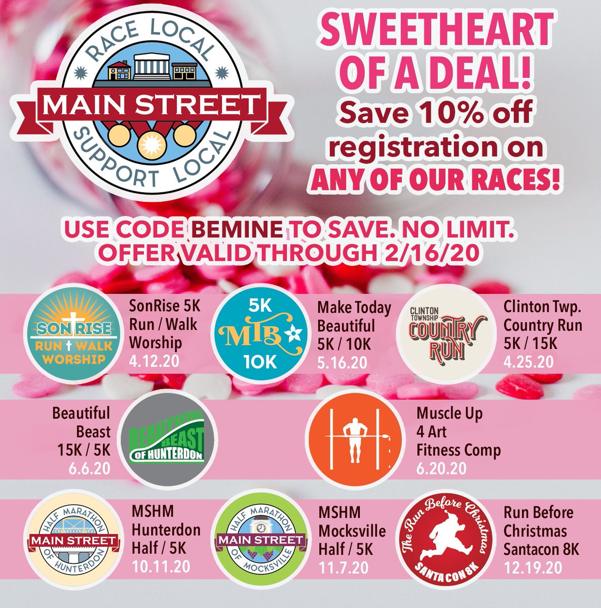 MainStreetHalf's tweet photo. 10% Savings on a whole pack of races! Will you BEMINE (running valentine, that is)!?❤️🏃🏻♀️❤️🏃🏻♂️❤️#racediscount #ValentinesDay https://t.co/ozz0QeBlaF