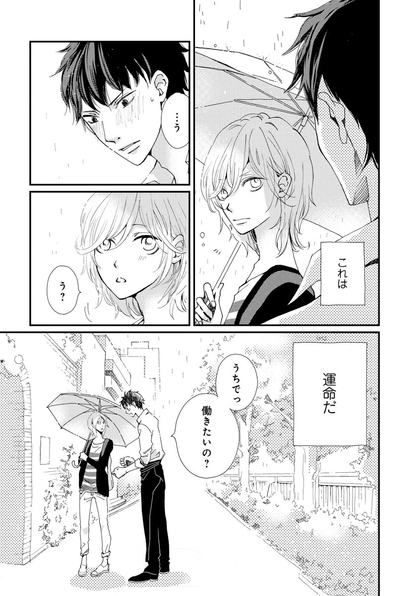 『おはようとおやすみとそのあとに』1話。☆店先の求人広告を見る"美少女"に一目惚れした見習いシェフの開人。しかし、その"美少女"は口が悪く愛想なしの"男"、伊介だった。しかも、不摂生な伊介を見かねたオーナーの命令で同居する事になり!?・・・不器用ケンカップルのおいしい同居生活!どぞ!(11-1)