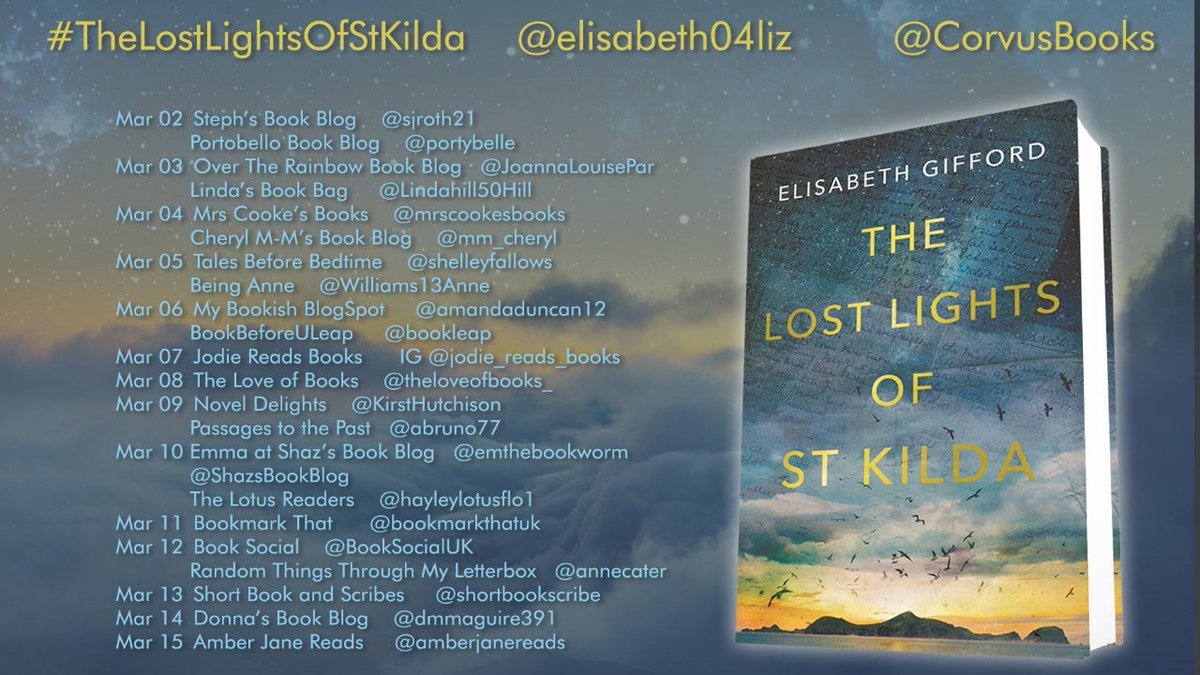 CorvusBooks's tweet photo. Starting on March 2nd, we have another #RandomThingsBlogTour kicking off for the wonderful new novel by Elisabeth Gifford @elisabeth04liz, #TheLostLightsOfStKilda. Thanks to @annecater for organising. https://t.co/yr1WjIq2C8